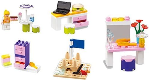 Xipoo 5-in-1 Girls Building Block Dream Set, Includes Cabinet, Vacation, Desk, and Dresser, 99 Pieces, 6 Years and Up by xipoo