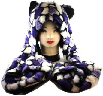 Black and Purple Mosaic Furry Beanie with Hand Pockets - Faux Animal Fur Hat