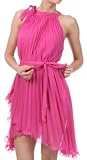 FOPleatSolid1-8209 Asymmetrical Hem Pleated Short Sleeveless Dress in Semi-Opaque Solid Colors - Fuschia, One Size