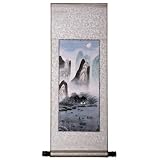 Handmade Asian Wall Art Scroll Painting On Textured Brown Brocade - Mountain River Landscape