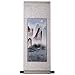 Handmade Asian Wall Art Scroll Painting On Textured Brown Brocade - Mountain River Landscape