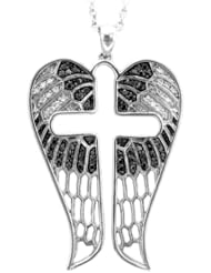 Sterling Silver Angel Feather Wing Cross shaped White and Black Diamond Pendant Necklace(GH,I1-I2,0.34ct)