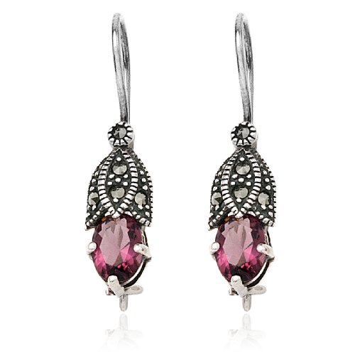 Sterling Silver Marcasite and Amethyst Tulip Wire Earrings