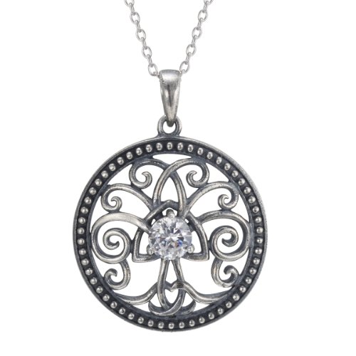Sterling Silver Simulated Diamond Oxidized Celtic Tree of Life Pendant Necklace, 18″