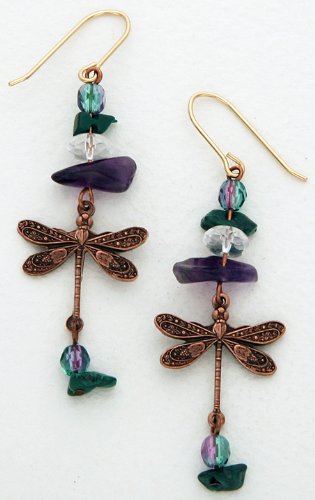Dragonfly Earrings - Copper with Gemstone Beads