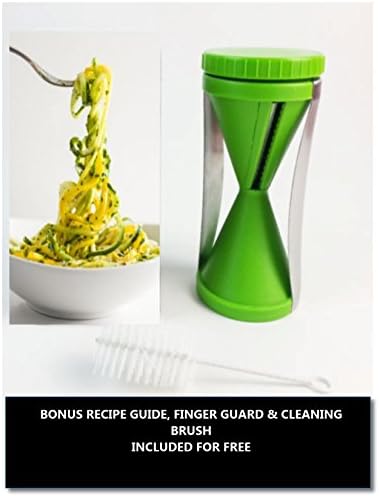 Award Winning Miracle Kitchen Julienne Spiral Vegtable Slicer - Commercial Grade Japanese Steel Blades Cut 2 Julienne Sizes In Continuous lengths - Perfect For Low Carb Healthy Vegetable Meals - 100% Lifetime Guarantee - Hand held Spirelli Cutter Like GEFU, Paderno & Vegetti - FREE Recipie Paleo, Vegitarian Guide - Perfect For Low Carb, Raw Food, Gluten Free and Paleo Diets - Cleaning Brush & Finger Guard Included!