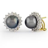 2.1 Carat Diamond 11mm Black Tahitian Pearl Earrings in 18k Yellow and White Gold