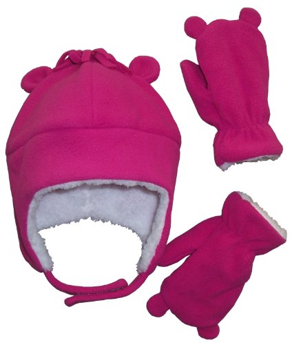N'Ice Caps Girls Sherpa Lined Micro Fleece Hat and Mitten Set with Ears