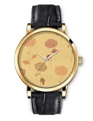 SPRAWL Aanalog Fashion Series Gold Ladies Watches of Genuine Black Leather Strap,Unique Wrist Watch for Women Girls Designed with Chrysanthemum flowers on beige background