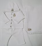 Knitted on Hand Knitting Machine White Cotton Hand Crochet Finished with White Chenille Infant Boys Cardigan Pant Hat and Large Blanket Size 32 By 45 Inches Trimmed with Teddy Bear Patch