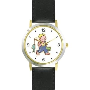Young Boy Fishing or Fisherman with Fish on Fishing Pole Fishing - WATCHBUDDYÂ® DELUXE TWO-TONE THEME WATCH - Arabic Numbers - Black Leather Strap-Children's Size-Small ( Boy's Size & Girl's Size )