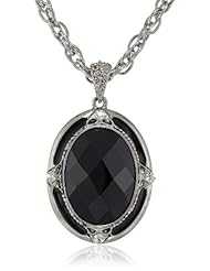 1928 Jewelry "Jet Essentials" Silver-Tone Jet and Crystal Oval Pendant Necklace, 18"