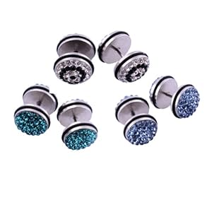 Kadima Stainless Steel Fake Plugs with Swarovski CZ Bling Rhinestone Gemstone,Lot of 6 10MM Look - Blue Zircon,Light Blue,Clear/Black