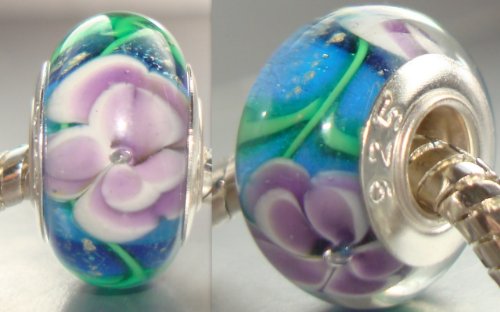 Pandora Compatible 925 Stamped Blue & Purple Floral Unique Handmade Jewelery Genuine Murano Glass Charm Beads - 925 Stamped Silver Single Core - Fits Pandora, Chamilia, Troll, Biagi Bracelet - Perfect Christmas Gift ** IN STOCK & READY FOR IMMEDIATE DISPATCH **