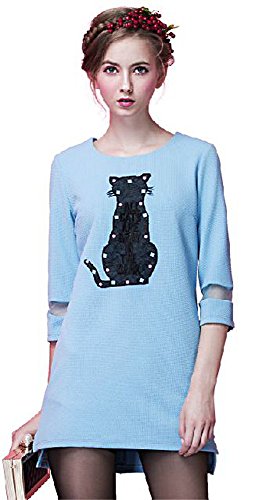 ワンピース アニマル 猫 キャット シンプル チュニック ミニ ミニスカート ７分袖 ラウンドネック ミニ ミニスカート キュート カジュアル パーティ ２次会 レディース 秋物 冬物 可愛いスカーフ付き R318