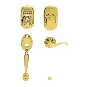 Schlage FE365 V PLY 505 FLA Plymouth Keypad Deadbolt with Plymouth Outer Grip and Flair Lever Interior, Bright Brass