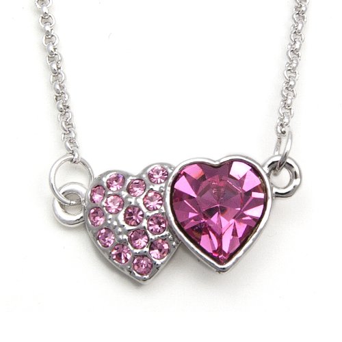 Platinum Plated Pink Rose Double Heart Fashion Necklace