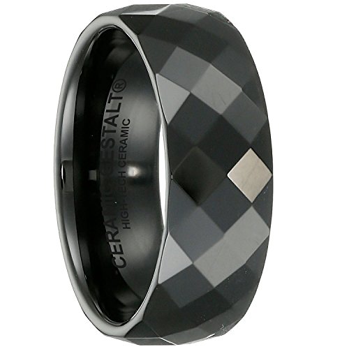 Black Ceramic Ring by CERAMIC GESTALT® - 8mm . Faceted Design. (Size 5 to 14).
