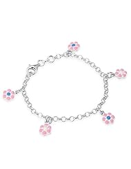 Unicornj Sterling Silver Childrens Bracelet with Flower Charms Pink Blue White