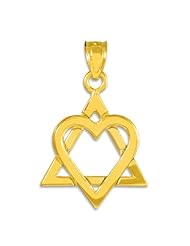 14K Yellow Gold Star of David Heart Medium Pendant (1.1")