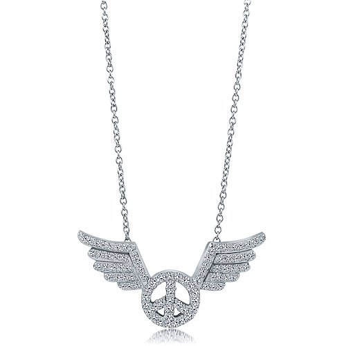 Sterling Silver Necklace Cubic Zirconia CZ Peace With Wings Pendant