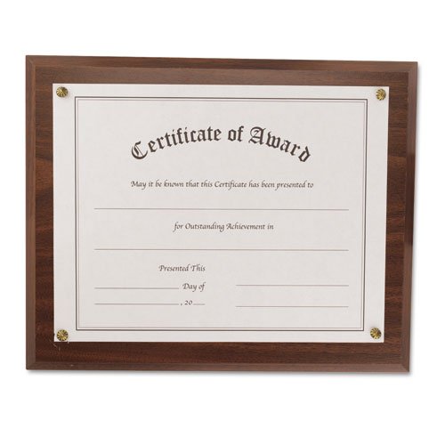 Nu-Dell Products - Nu-Dell - Award-A-Plaque Document Holder - Acrylic Plastic - 10-1 2 x 13 - Walnut - Sold As 1 Each - Showcase your accomplishments - while preserving them for years. - Clear acrylic faceplate easily lifts to change documents. - Includes blank Certificate of Award and four decorative tacks. - The 10 1 2 x 13 plaque holds documents up to 8 1 2 x 11. - Frame conveniently hangs vertically or horizontally.