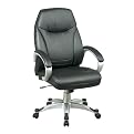 Deluxe Faux Black (-U6) Leather High Back Chair With Silver Coated Frame and Padded Arms - Black