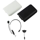 GTMax Mono Headset with Microphone + 2x Controller Battery Cover Case (Black + White) for Microsoft