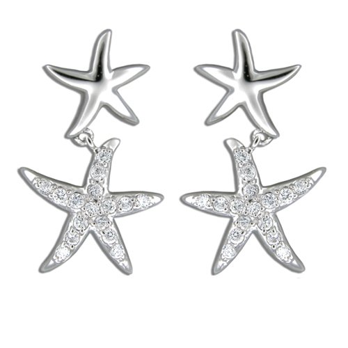 Sterling Silver Hawaiian Rhodium Cz Starfish Earrings
