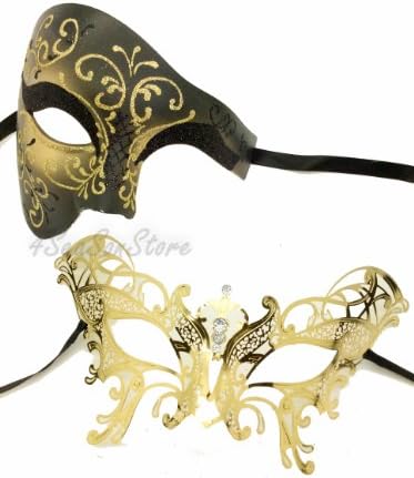 His & Hers Masquerade Couples Venetian Design Masks - 2 Piece Gold Colored Set - Venetian Mardi Gras Party Halloween Ball Prom by VentianMasks