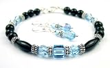 2 Piece Set:Aquamarine March Birthstone Bracelets in Onyx, Sterling Silver, and Swarovski Austrian Crystals