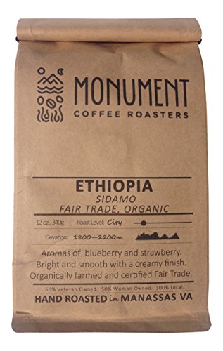 Ethiopia Sidamo Medium Roast Coffee, Fair Trade Organic by Monument Coffee Roasters, Whole Bean 8oz