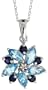 10k White Gold 18 in. Chain & 11/16 in. (17mm) tall Flower Pendant, w/ 1.70 Total Carat Brilliant Cut Diamond, Brilliant Cut Blue Sapphire & Marquise Cut Blue Topaz Stones