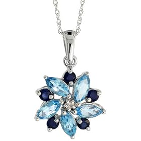 10k White Gold 18 in. Chain & 11/16 in. (17mm) tall Flower Pendant, w/ 1.70 Total Carat Brilliant Cut Diamond, Brilliant Cut Blue Sapphire & Marquise Cut Blue Topaz Stones