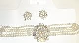 Five Strand White Pearl Choker Necklace with Crystals Pendant and Earrings on Clips