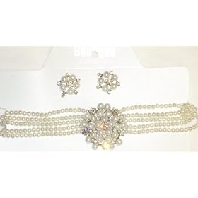 Five Strand White Pearl Choker Necklace with Crystals Pendant and Earrings on Clips
