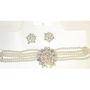 Click here to buy Five Strand White Pearl Choker Necklace with Crystals Pendant and Earrings on Clips by Gita.