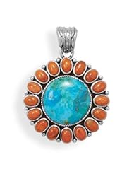 Sterling Silver Turquoise and Coral Sunburst Pendant