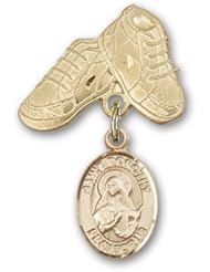 Gold Filled Baby Badge with St. Dorothy Charm and Baby Boots Pin. Catholic Saint Dorothy, Patron Saint of Brides, Florists, Gardeners