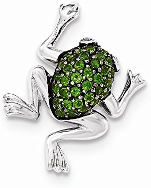 Sterling Silver White Topaz &amp; Chrome Diopside Frog Chain Slide Pendant,
