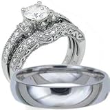 His & Hers, 925 Sterling Silver & Titanium Engagement Wedding Ring Set