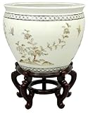41KvR07lVLL. SL160  Japanese Chinese Asian Design Ceramics   16 Ming Lacquer Porcelain Jardinière Fishbowl Planter Flower Pot   White w/ Birds & Flowers