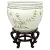 16" Birds and Flowers Fish Bowl with Stand in White Lacquer