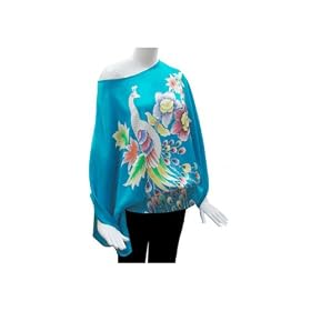 Voom Blouson by Joy Han - Silk Drape Blouses for Women, Juniors, Teens with Peacock Print