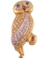 Handmade Owl Pin 18k. Yellow Gold & Paltinum