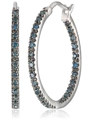 Sterling Silver Blue Diamond Hoop Earrings, (.25 cttw, I2;I3 Clarity)