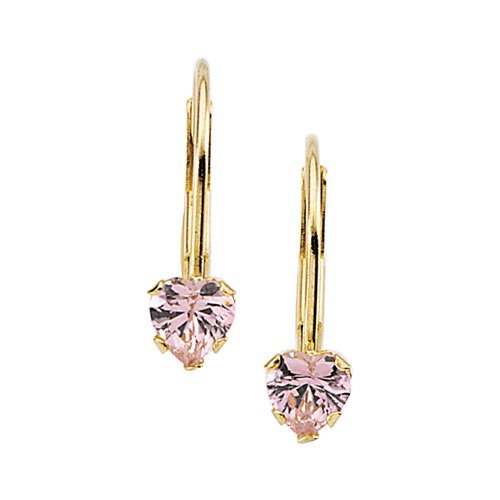 14K Yellow Gold Heart Shaped Pink Cubic Zirconia Children's Earrings