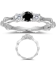 0.40 Cts Black & White Diamond Three Stone Bamboo Style Ring in 18K White Gold