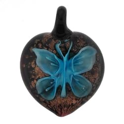Blue and Copper Butterfly Murano Heart Pendant, Width: 30mm, Black Cord