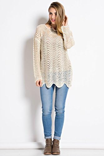 Orange Creek Women's Wave Knit Hi Low Hem Long Sleeve Scoop Neck Tunic Sweater Beige S/M
